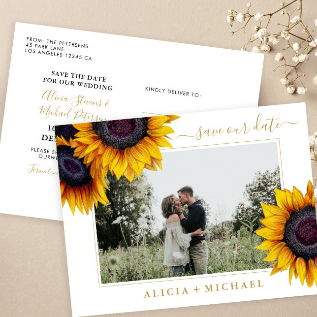 Postal De Anuncios Girasoles rústicos chic letra guardar fecha boda (Subido por el creador)