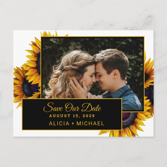 Postal De Anuncios Girasoles rústicos foto moderna de boda guardar fe (Anverso)