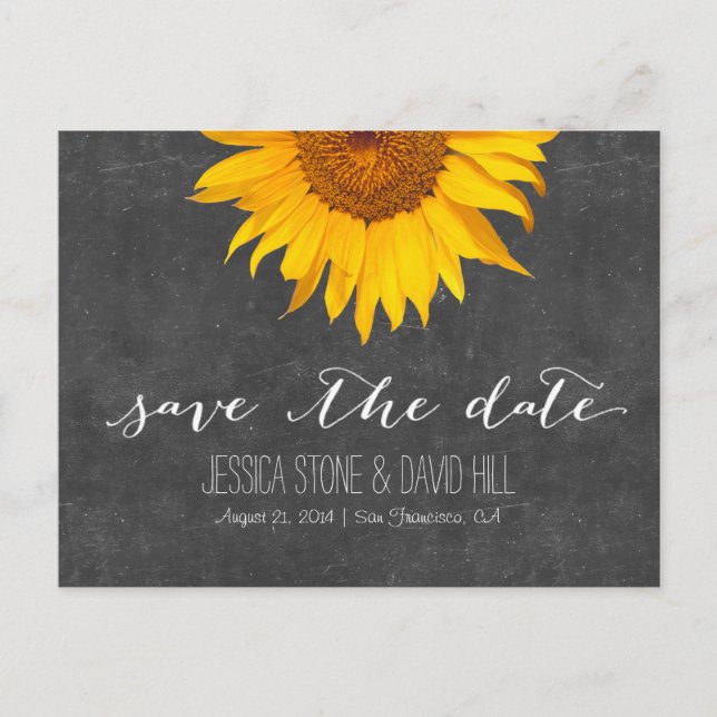 Postal De Anuncios Girasoles Rústicos Pizarra Boda Guardar la Fecha (Anverso)