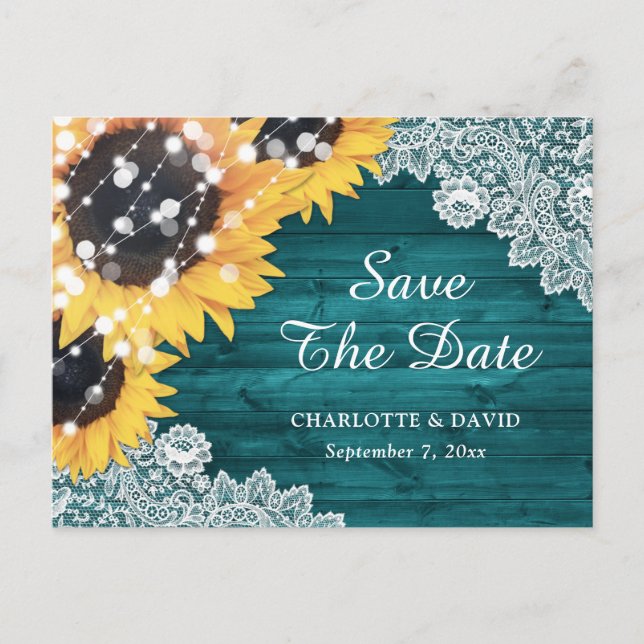 Postal De Anuncios Girasoles Verdes Bodas Teal Save The Date (Anverso)