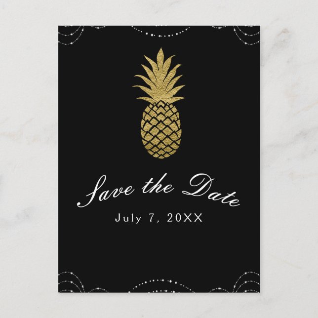 Postal De Anuncios Glam Black Sparkle Gold Pineapple Save the Date (Anverso)