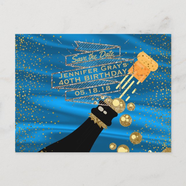 Postal De Anuncios Glam Gold Azul Salva la Fecha Champán Cumpleaños (Anverso)