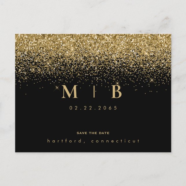 Postal De Anuncios Glam Gold Monogram Black Save the Date (Anverso)