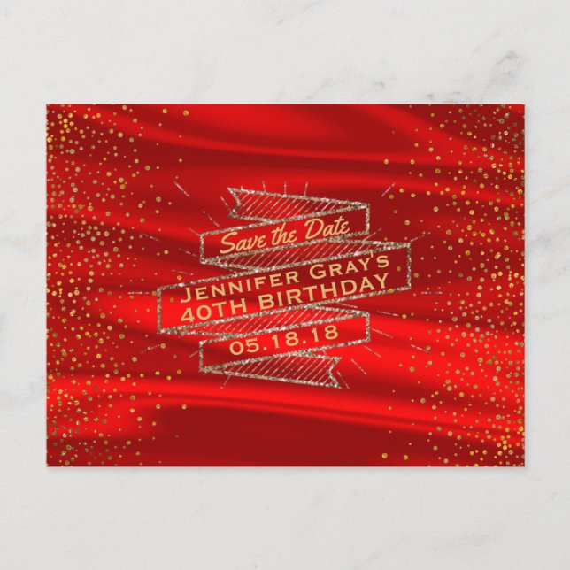 Postal De Anuncios Glam Gold Rojo Reserva la Fecha Elegante Fiesta de (Anverso)