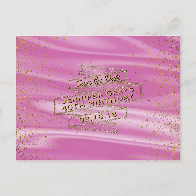 Postal De Anuncios Glam Gold Rosa Salva la Fecha Fiesta de Cumpleaños (Anverso)