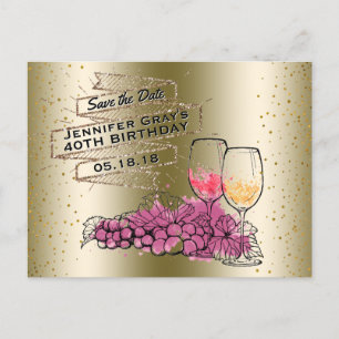 Postal De Anuncios Glam Gold Wine Avisa la Fecha Cumpleaños Elegante