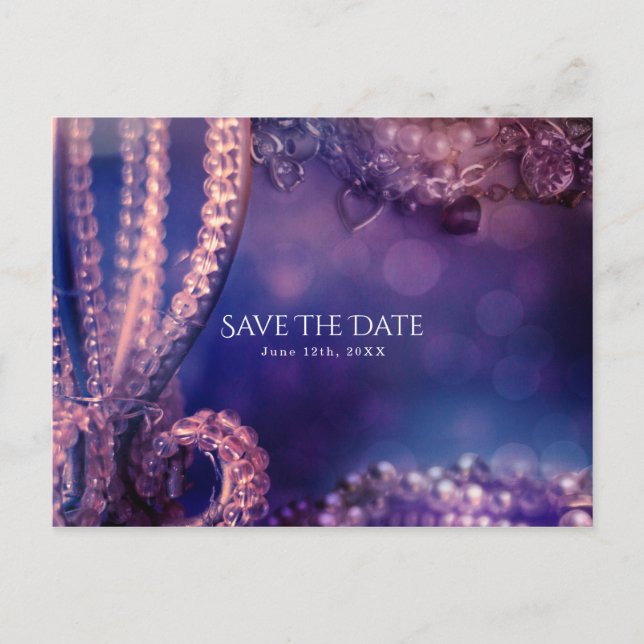 Postal De Anuncios Glam Purple Glow Chic Glamour Perlas Save the Date (Anverso)