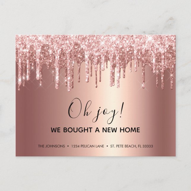 Postal De Anuncios Glam Rose Gold Glitter Drip Nueva Dirección (Anverso)
