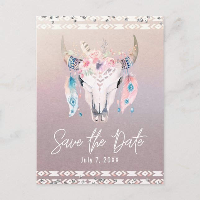 Postal De Anuncios Glam Rustico Boho Floral Cráneo de Vaca Save the D (Anverso)