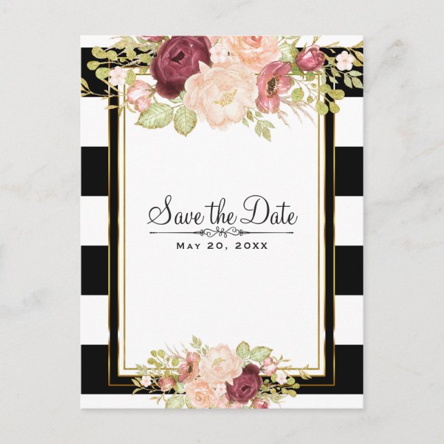 Postal De Anuncios Glamor Floral Moderno Blanco y Negro Save the Date (Anverso)