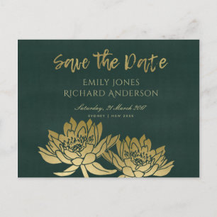 POSTAL DE ANUNCIOS GLAMOROSO ORO VERDE FLORAL LOTUS GUARDAR LA FECHA