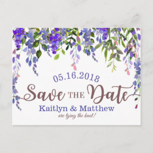 Postal De Anuncios Glicina Púrpura Floral Drop Save the Date