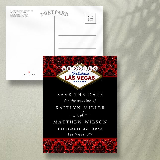 Postal De Anuncios Glitter Damask Las Vegas Boda Guardar la Fecha (Subido por el creador)