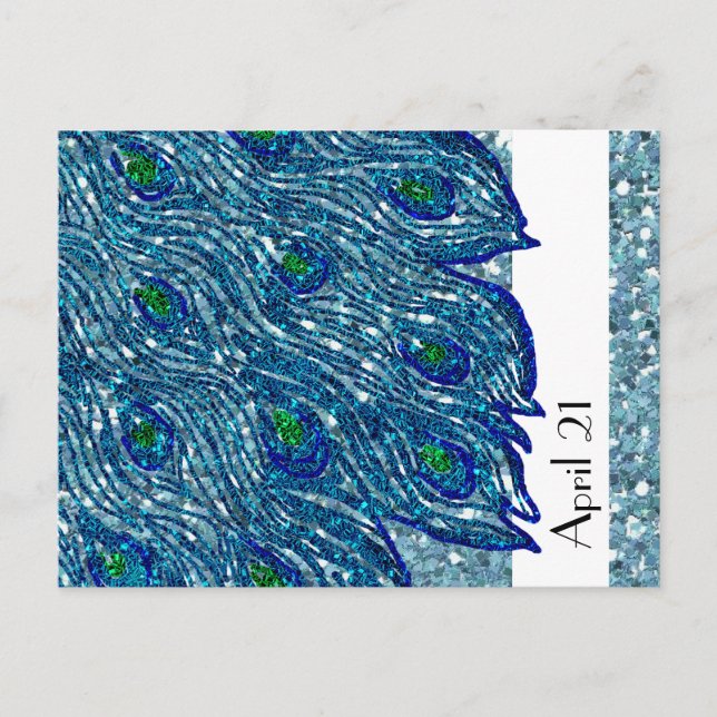 Postal De Anuncios Glittery Blue Spangle Peacock Save the Date (Anverso)