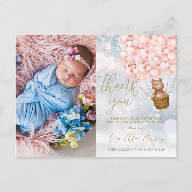 Postal De Anuncios Globos rosados: Gracias bebé de invierno (Anverso)