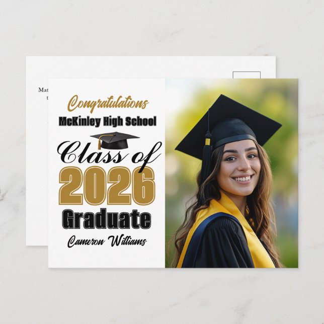 Postal De Anuncios Gold Black Class of 2026 Graduate Photo Graduation (Anverso / Reverso)