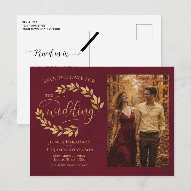 Postal De Anuncios Gold Leaves Burgundy Wedding Save the Date Photo (Anverso / Reverso)