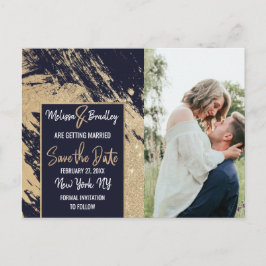 Postal De Anuncios Gold Navy Blue Glitter Pinceladas Save the Date