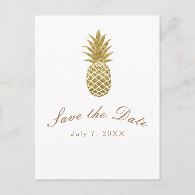 Postal De Anuncios Gold Pineapple White Modern Tropical Save the Date (Anverso)