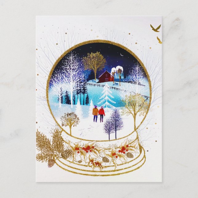 Postal De Anuncios Gold Winter Eve Couple Snowglobe Forest Home (Anverso)