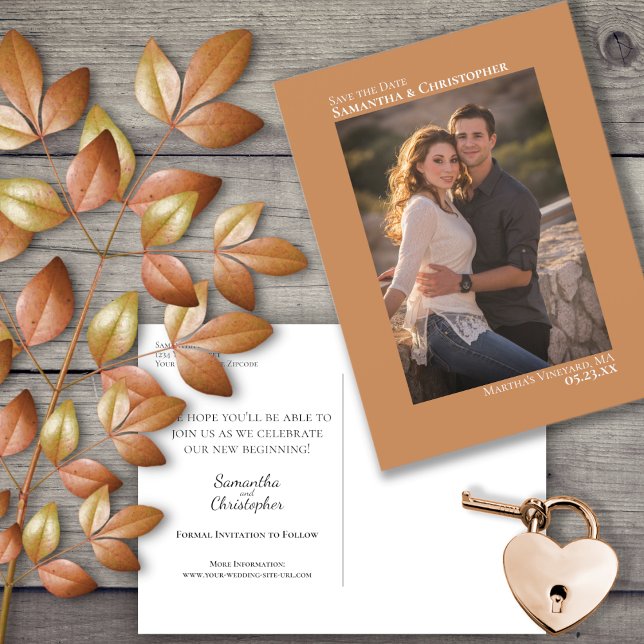 Postal De Anuncios Golden Tan Minimalist Photo Wedding Save the Date (Subido por el creador)