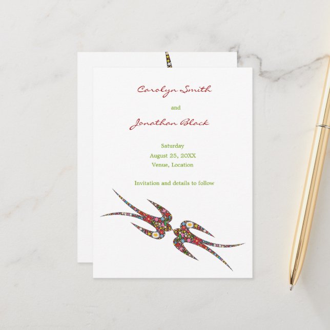 Postal De Anuncios Golondrinas besando flores de primavera Chic Save  (Anverso/Reverso In Situ)