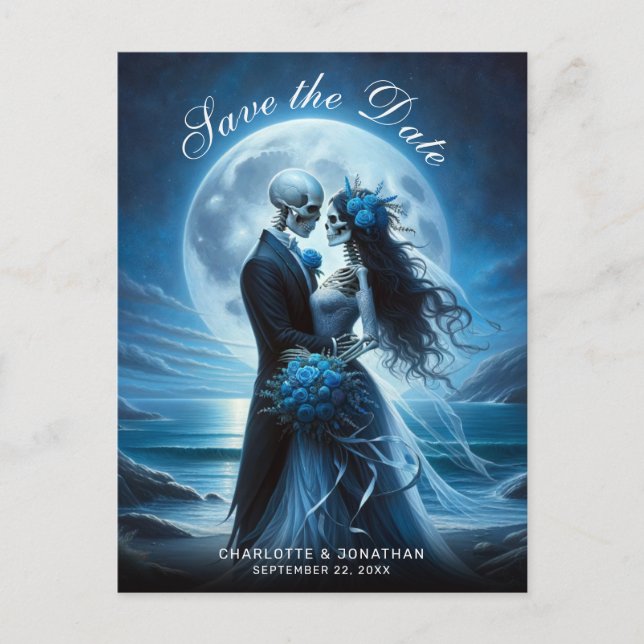 Postal De Anuncios Gothic Blue Skeleton Couple Wedding Save the Date (Anverso)