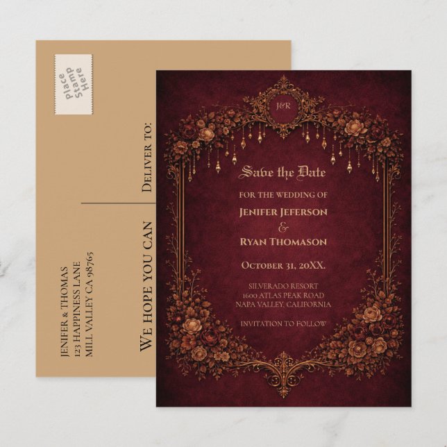 Postal De Anuncios Gothic halloween wedding save the date postcard (Anverso / Reverso)
