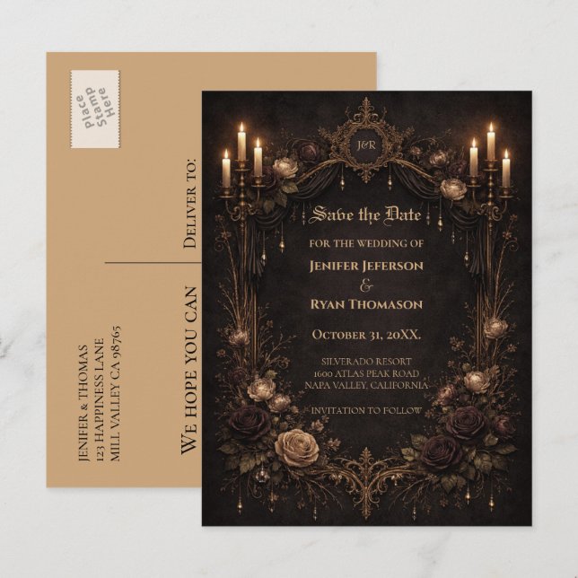 Postal De Anuncios Gothic halloween wedding save the date postcard (Anverso / Reverso)