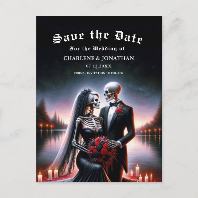 Postal De Anuncios Gothic Skeleton Couple Navy Save the Date (Anverso)