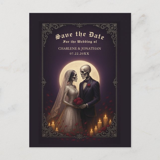 Postal De Anuncios Gothic Skeleton Couple Purple Save the Date (Anverso)