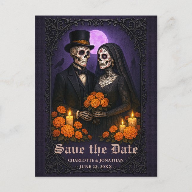 Postal De Anuncios Gothic Skull Candy Couple Wedding Save the Date (Anverso)