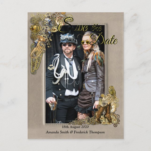 Postal De Anuncios Gótico - Marco de cuero Steampunk Save the Date (Anverso)