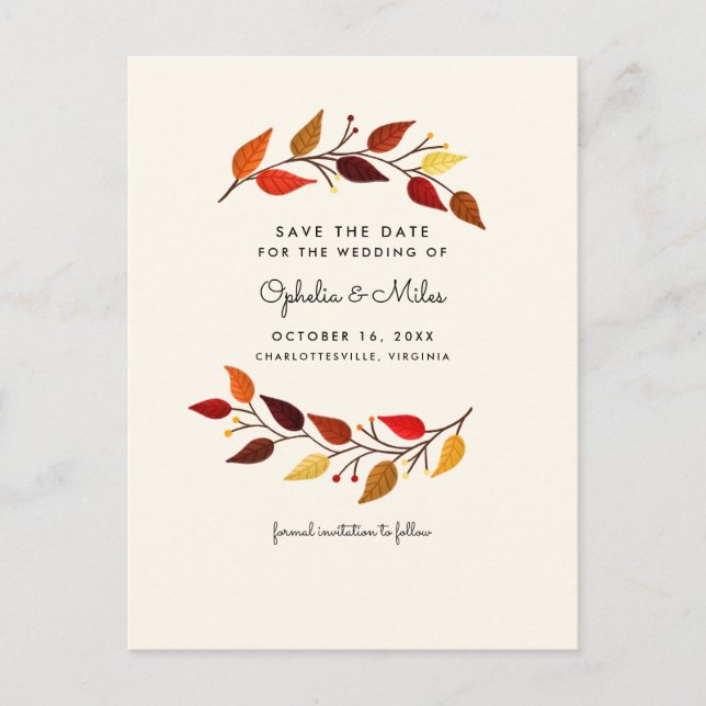 Postal De Anuncios Gouache Hojas de Otoño Save the Date (Anverso)