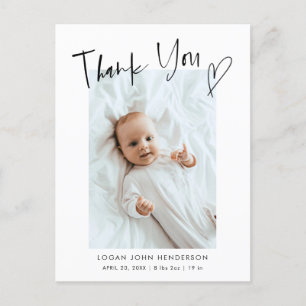Postal De Anuncios Gracias a Heart Casual Script Baby Photo Birth