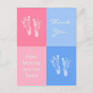 Postal De Anuncios Gracias Baby Shower Gemelos Huellas de Niño y Niña