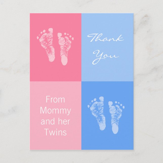 Postal De Anuncios Gracias Baby Shower Gemelos Huellas de Niño y Niña (Anverso)