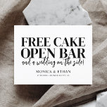 Postal De Anuncios Graciosa Boda Gratuita De Pasteles Abiertos Bar Gu<br><div class="desc">¿Estás listo para celebrar el amor, la risa y el alegre viaje hacia la felicidad matrimonial? Nuestras tarjetas personalizadas "Save the Date" ofrecen una deliciosa mirada a la diversión y la celebración llena de amor que esperan a sus invitados. Con la alegre y encantadora cita "Free Cake, Open Bar, y...</div>