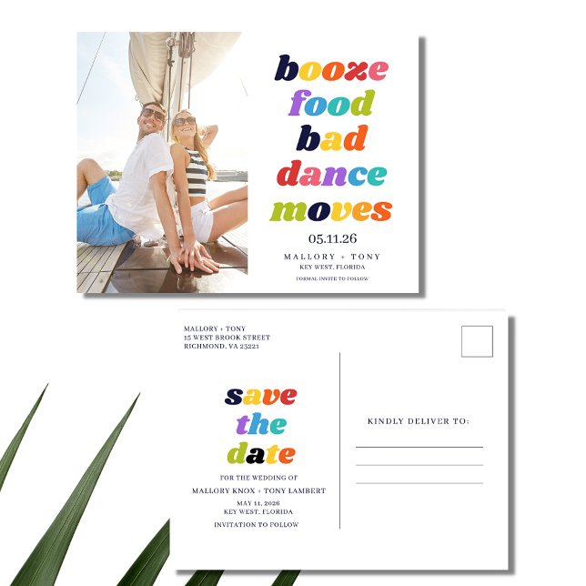 Postal De Anuncios Graciosa comida para booze mala danza se muda Guar (Funny Typography Photo Wedding Save the Date Postcards)