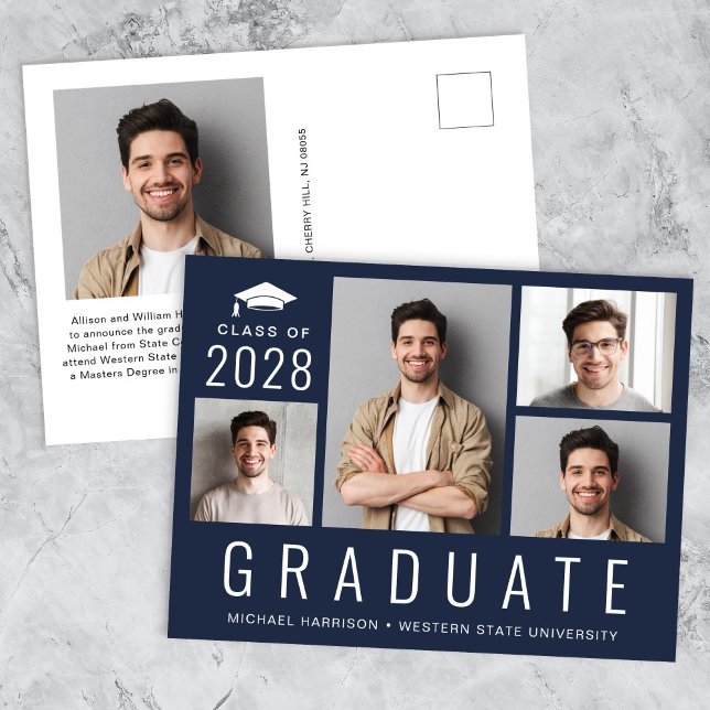 Postal De Anuncios Graduación azul de 5 Collages de fotos mínimo mode (Minimal Modern 5 Photo Collage Blue Graduation Announcement Postcard)