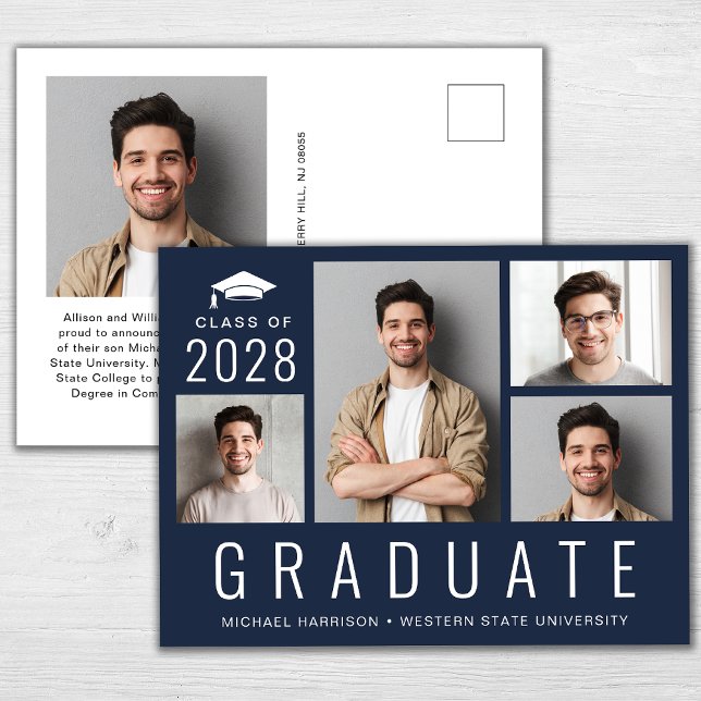 Postal De Anuncios Graduación azul de 5 Collages de fotos mínimo mode (Subido por el creador)