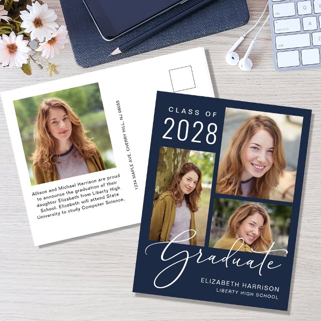 Postal De Anuncios Graduación Azul Moderno de 4 Fotos (An elegant photo collage graduation announcement postcard to celebrate the graduate's achievements)