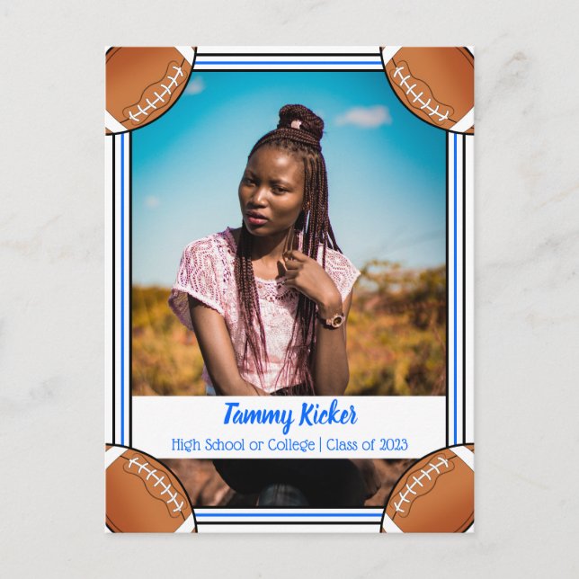 Postal De Anuncios Graduación azul y negro de fútbol (Anverso)