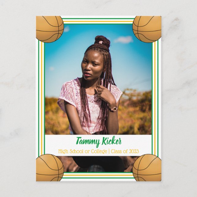 Postal De Anuncios Graduación de Baloncesto Verde y Dorado (Anverso)