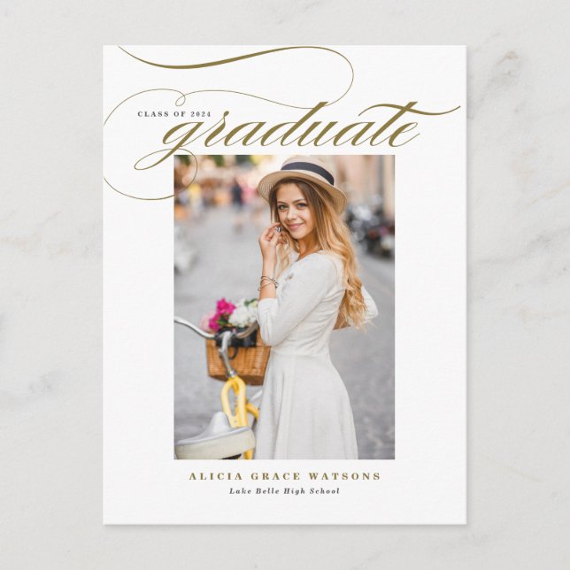 Postal De Anuncios Graduación de Foto de Caligrafía Elegante Dorada (Anverso)