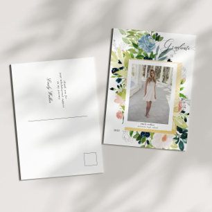 Postal De Anuncios Graduación de Foto Floral Besos de Azul Medianoche