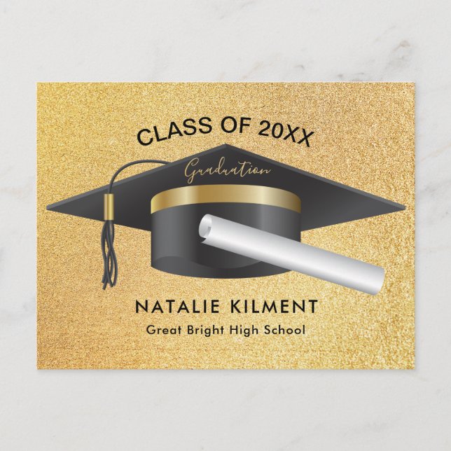 Postal De Anuncios Graduación de mástil de Purpurina negro y oro (Anverso)