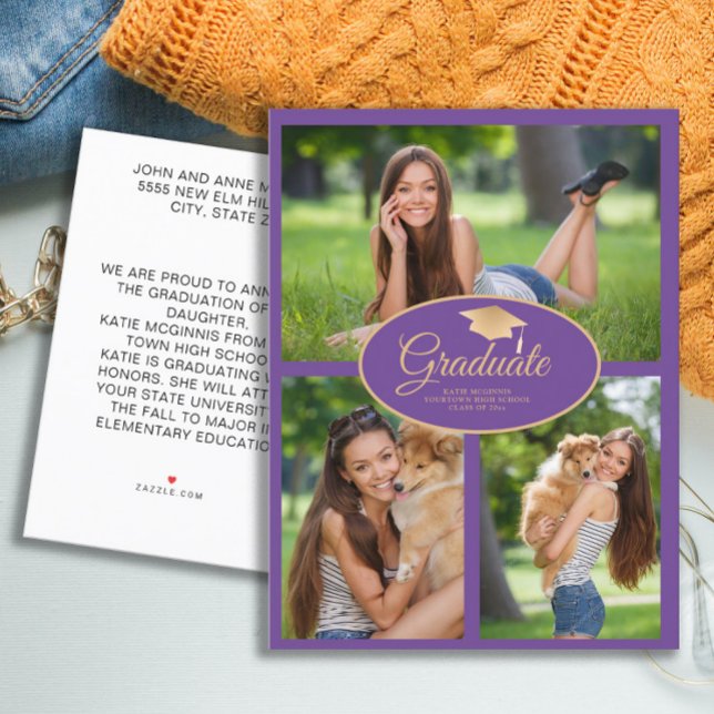 Postal De Anuncios Graduación de oro púrpura clase de fotografía 2024 (Purple and gold graduation cap  announcement photo card)