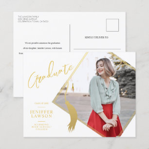 Postal De Anuncios Graduación de Oro y Fotografía Blanca de Graduado