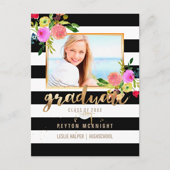 Postal De Anuncios Graduación de PixDezines/acuarela floral/franjas (Anverso)